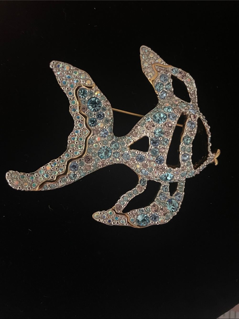 Swarovski Light Blue Crystal Fish Brooch in Gold Tone